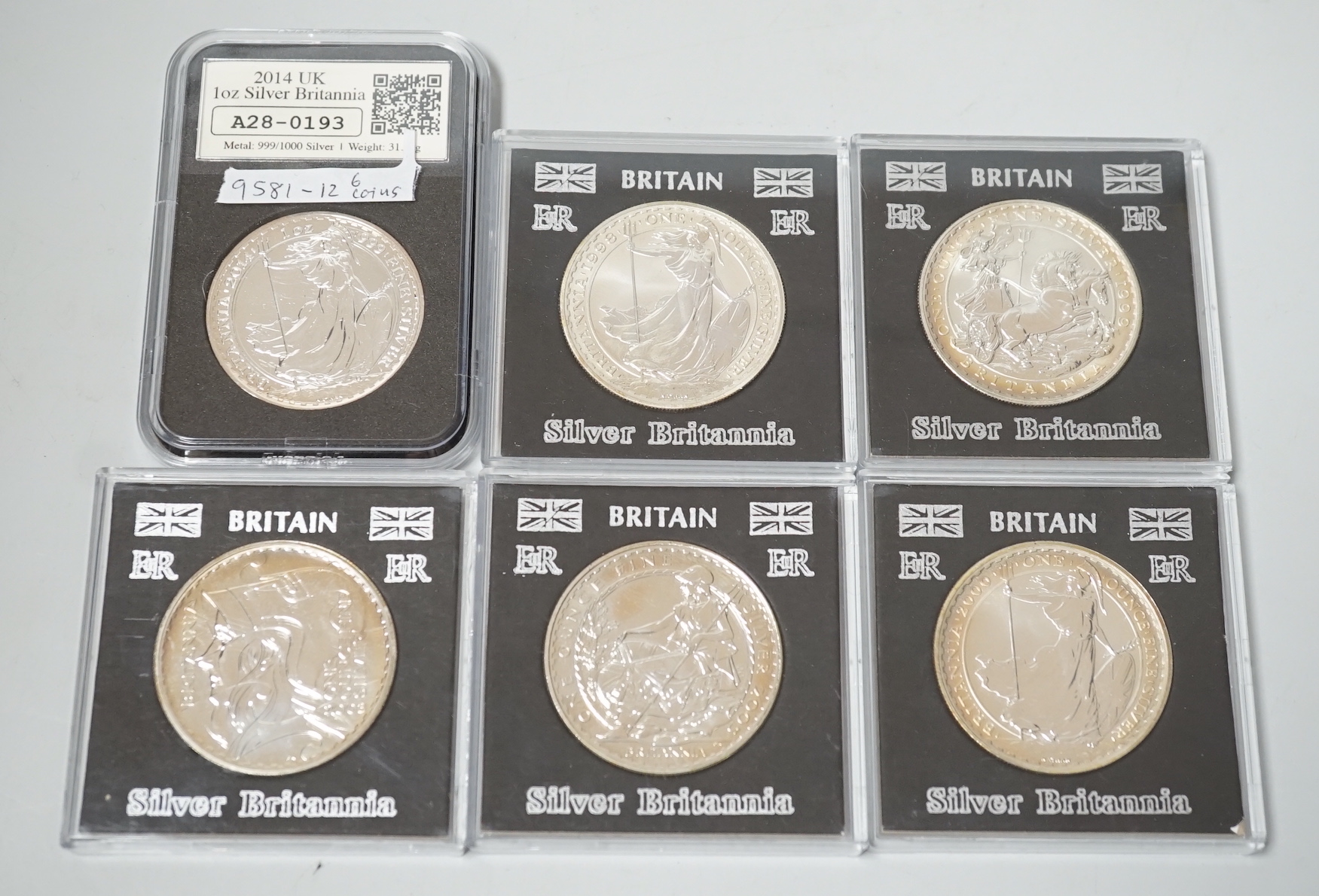 Six 1oz silver Britannia coins